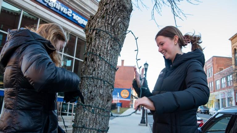 Two female students wrap holiday lights around the trunk of a tree in downtown Biddeford