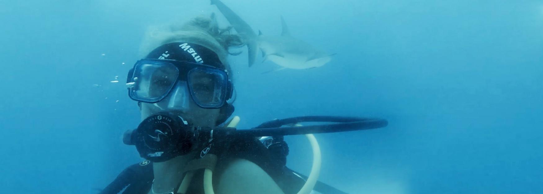 海洋科学专业的学生Katie Dimm穿着全套潜水装备在水下拍照