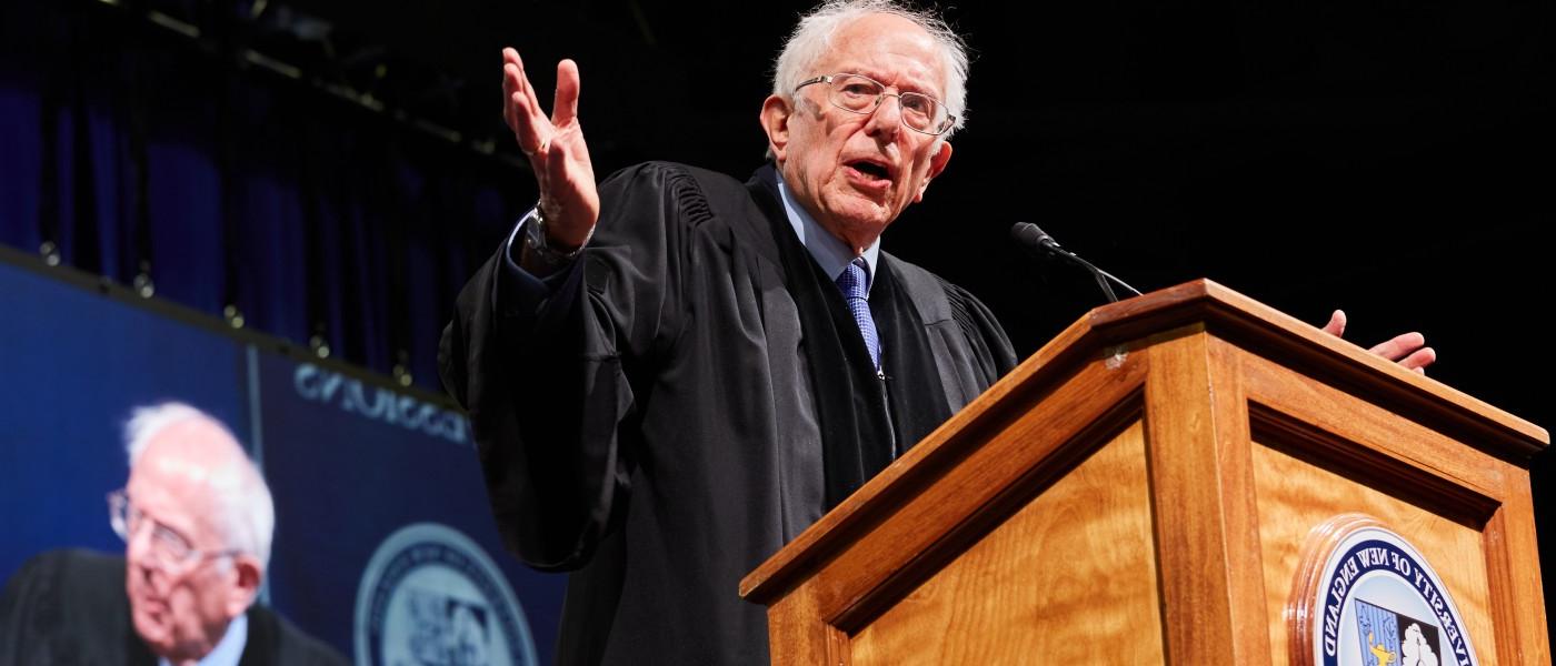 U.S. Senator Bernie Sanders speaks at the podium